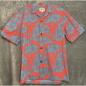 Royal Hawaiin Creations Large Mens Coral + Blue Hibiscus Shirt Hawaii USA Floral